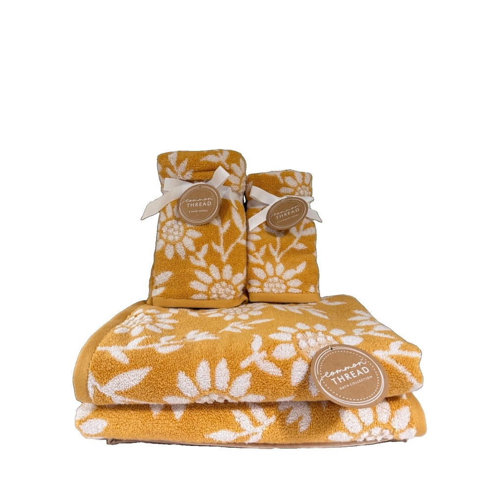 NWT Common Thread 6 Piece Cotton Bath Towel Set Yellow with White Flowers